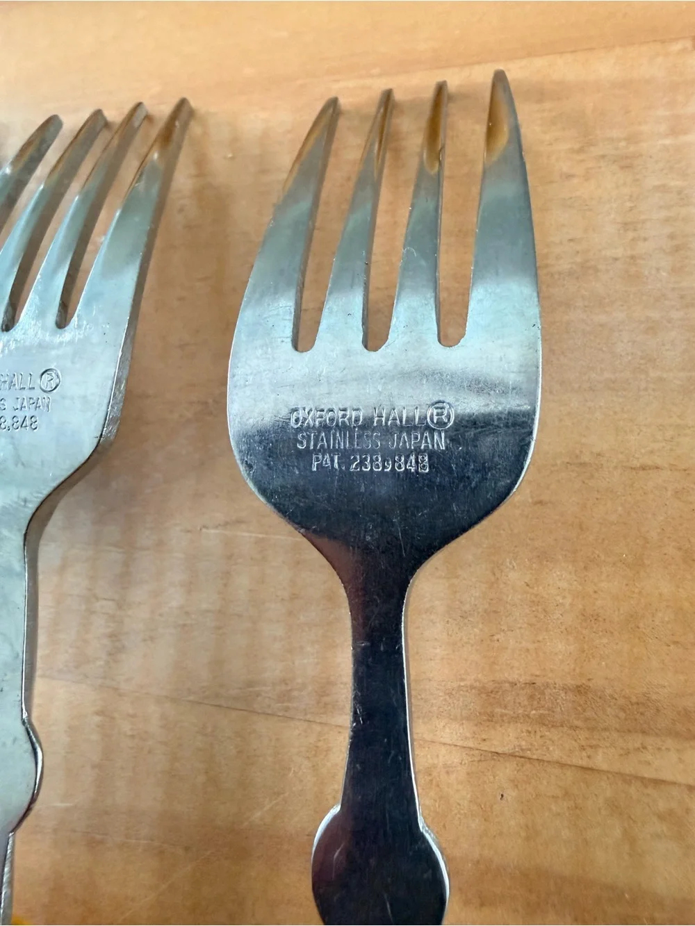 6 Vintage Oxford Hall Stainless Steel Yellow Plastic Handle 7” Forks Utensil